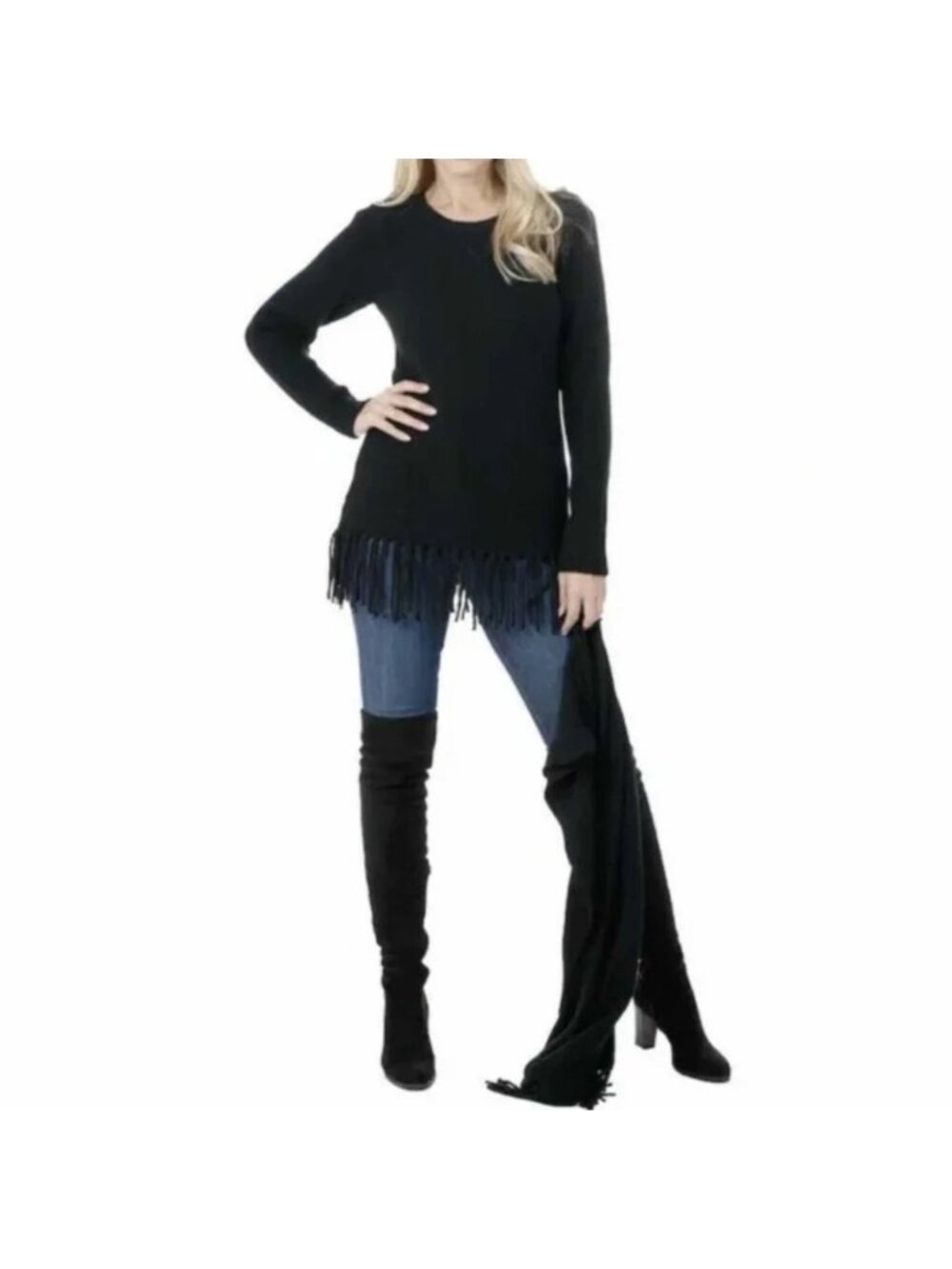NEW Brian Bailey Black Fringe Sweater & Scarf Set - XXL